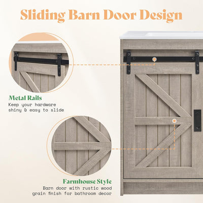 Merluxy Farmhouse Bathroom Vanity with Sink Combo, 31in Sliding Barn Door Bathroom Vanity Cabinet Set with Storage Drawers, Metal Handles, Small Single Bath Storage Vanity Sink, Light Grey