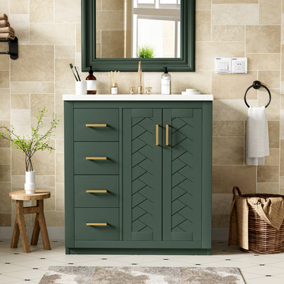 30 Inch Bathroom Vanity with Ceramic Sink Combo, Solid Wood Frame Bathroom Storage Cabinet, Freestanding Vanity Set with 3 Drawers and Soft Closing Doors, Green