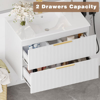 ICEELF 30'' Bathroom Vanity Cabinet with Sink and Faucet, Wall Mounted Floating Bathroom Vanity with 2 Big Drawer and Metal Handles (White, 30")