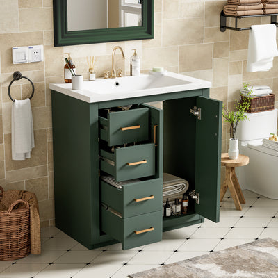 30 Inch Bathroom Vanity with Ceramic Sink Combo, Solid Wood Frame Bathroom Storage Cabinet, Freestanding Vanity Set with 3 Drawers and Soft Closing Doors, Green