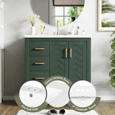 30 Inch Bathroom Vanity with Ceramic Sink Combo, Solid Wood Frame Bathroom Storage Cabinet, Freestanding Vanity Set with 3 Drawers and Soft Closing Doors, Green