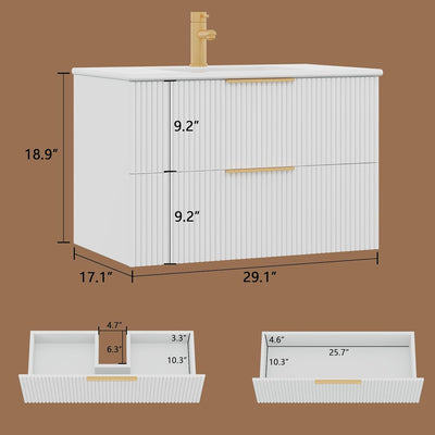 ICEELF 30'' Bathroom Vanity Cabinet with Sink and Faucet, Wall Mounted Floating Bathroom Vanity with 2 Big Drawer and Metal Handles (White, 30")
