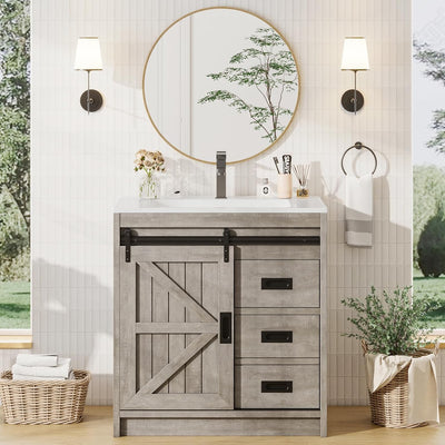 Merluxy Farmhouse Bathroom Vanity with Sink Combo, 31in Sliding Barn Door Bathroom Vanity Cabinet Set with Storage Drawers, Metal Handles, Small Single Bath Storage Vanity Sink, Light Grey