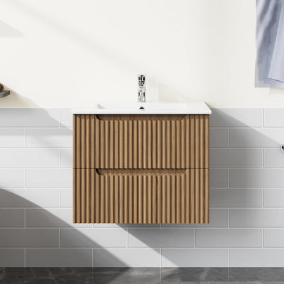 Goodyo 24" Wall-Mount Bathroom Vanity with White Basin Sink Floating Bathroom Cabinet in Walnut