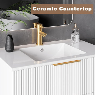 ICEELF 30'' Bathroom Vanity Cabinet with Sink and Faucet, Wall Mounted Floating Bathroom Vanity with 2 Big Drawer and Metal Handles (White, 30")