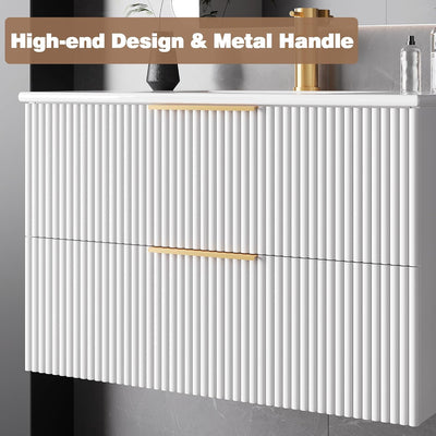 ICEELF 30'' Bathroom Vanity Cabinet with Sink and Faucet, Wall Mounted Floating Bathroom Vanity with 2 Big Drawer and Metal Handles (White, 30")